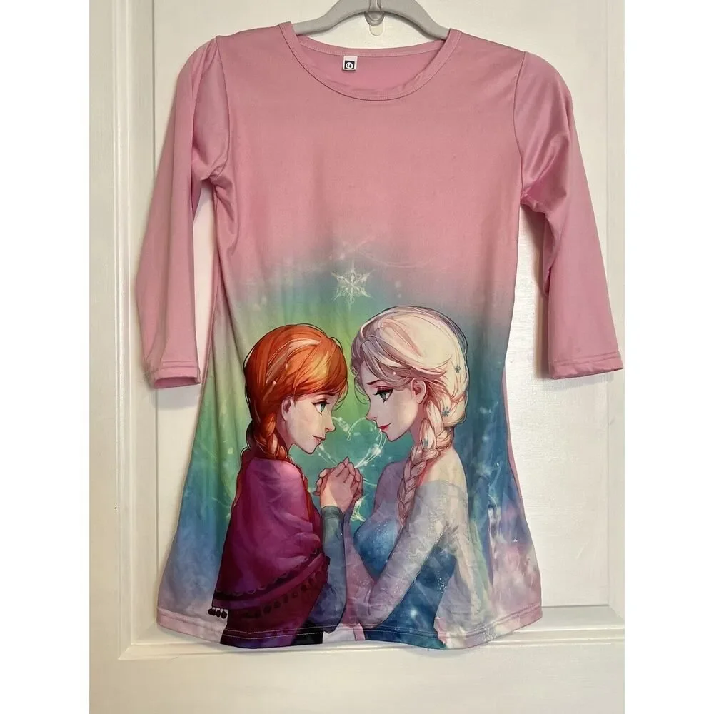 Long Sleeve Lightweight Pink Anime Frozen Anna Elsa Night Gown Girls Pajamas 6